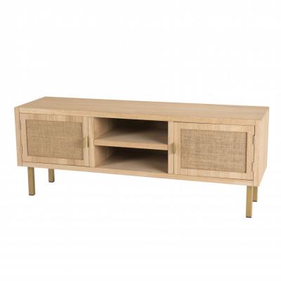 MACABANE Meuble Tv 2 ALINE Niches 2 Portes Toile De Jute Pieds M&eacute;tal Dor&eacute;