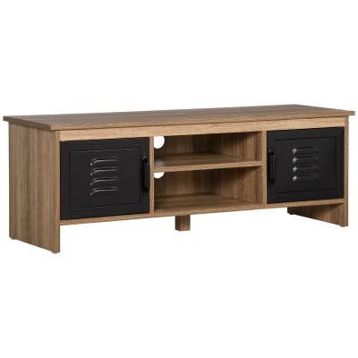 HOMCOM Meuble TV design industriel 2 placards 2 niches aspect bois m&eacute;tal noir