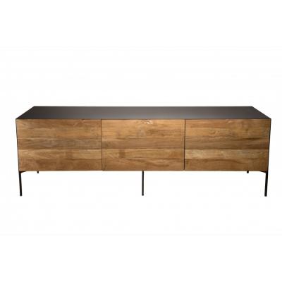 MACABANE Meuble TV portes tiroir en teck recycl&eacute; pieds m&eacute;tal gris anthracite