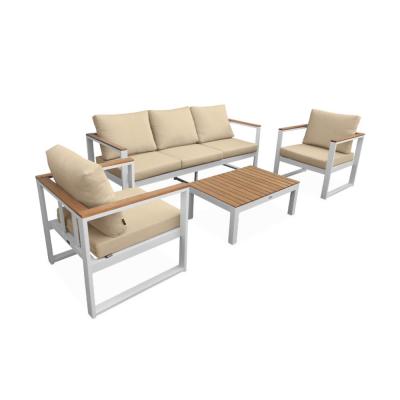 SWEEEK Salon de jardin 5 places blanc et coussins beige