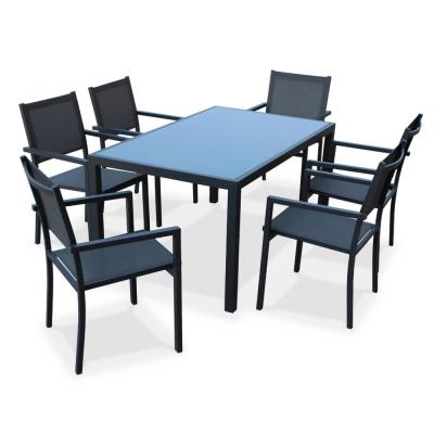 SWEEEK Salon de jardin aluminium table 150cm, 6 fauteuils en textil&egrave;ne