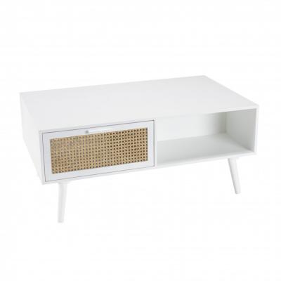 MACABANE Table basse blanche 2 tiroirs 1 niche cannage naturel SANDRO