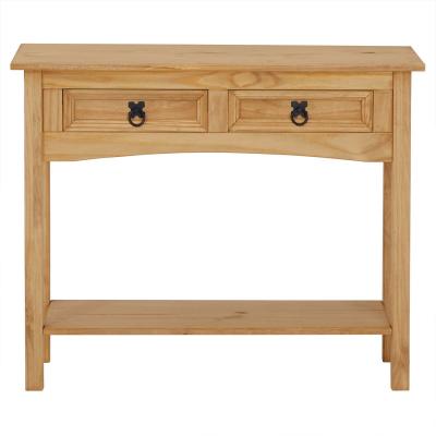 Table console SALSA table d'appoint en bois style mexicain avec 2 tiroirs et 1 &eacute;tag&egrave;re, en pin massif finition teint&eacute;e/cir&eacute;e 