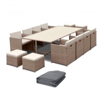SWEEEK Table de jardin 12 places coussins beige + housse