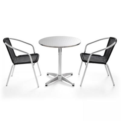 OVIALA Ensemble table ronde en aluminium + 2 chaises en r&eacute;sine tress&eacute;e