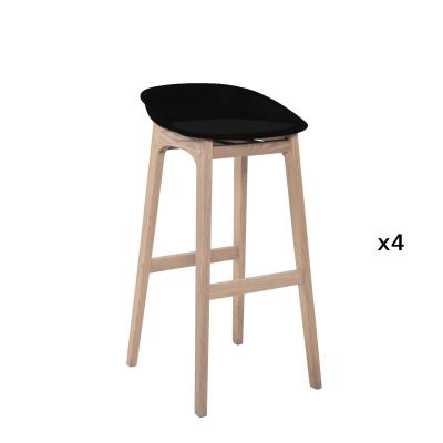 Tabourets d'ilot 75cm pieds ch&ecirc;ne assise plastique noire - Lot de 4