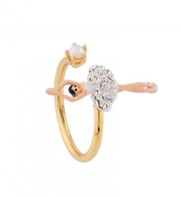 LES NEREIDES Bague ajustable mini ballerine blanche en strass et perle