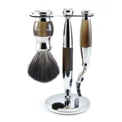 EDWIN JAGGER Ensemble Rasage 3 Pi&egrave;ces - Blaireau + Rasoir + Support 2 en 1 - Imitation &Eacute;b&egrave;ne et Chrome