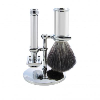 EDWIN JAGGER Ensemble Rasage 3 Pi&egrave;ces - Blaireau + Rasoire de S&eacute;curit&eacute; + Support - Chrom&eacute;