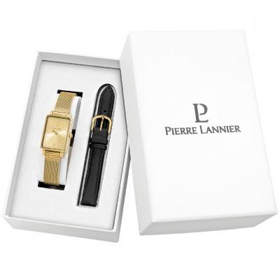PIERRE LANNIER Coffret Montre  Ariane Cadran Dor&eacute; Bracelet Cuir Noir
