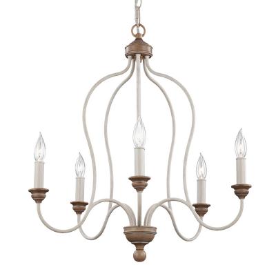 FEISS Suspension Hartsville, craie lav&eacute;e et imitation bois, 5 &eacute;clairages