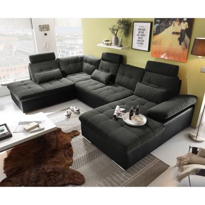 BUT Canap&eacute; panoramique convertible gauche JAKARTA tissu gris fonc&eacute; et PU/PVC