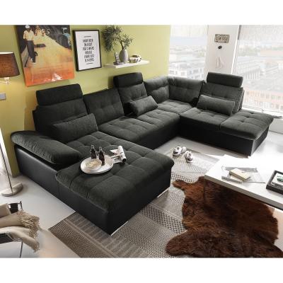 BUT Canap&eacute; panoramique convertible droit JAKARTA tissu gris fonc&eacute; et PU/PVC