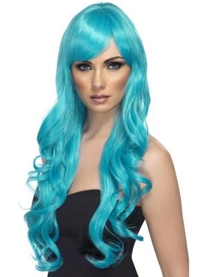 GENERIQUE Smiffys Perruque d&eacute;sir, turquoise, cheveux longs, boucl&eacute;s avec frange
