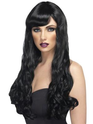GENERIQUE Smiffys Perruque d&eacute;sir noire, cheveux longs, boucl&eacute;s avec frange