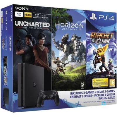 PS4 Slim Noire 1 To+ Horizon Zero Dawn + Uncharted: The Lost Legacy + Ratchet & Clank - Neuf