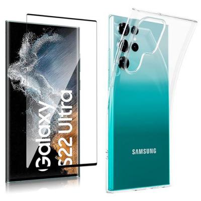 XEPTIO Pack coque transparente en TPU et vitre en verre tremp&eacute; FULL cover noir pour Samsung Galaxy S22 ULTRA 5G - 