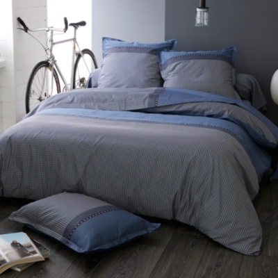 TRADILINGE Drap Housse Imprim&eacute; en Satin de Coton - Bleu Gris - 160 x 200 bt 30 cm