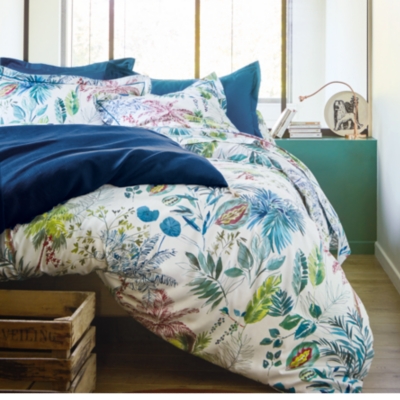 BLANC DES VOSGES Drap housse satin Palmeraie , Bleu 140 x 190 cm