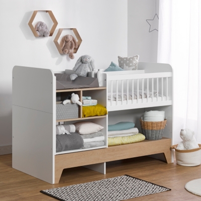 NATEO CONCEPT Lit b&eacute;b&eacute; &eacute;volutif 3 en 1 Blanc et Ch&ecirc;ne