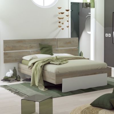 Lit 140x190 cm PRADO blanc imitation ch&ecirc;ne structur&eacute;