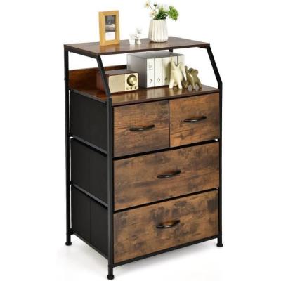 Commode 4 Tiroirs avec 2 &Eacute;tag&egrave;res-Tour de Rangement avec Cadre en M&eacute;tal-Tiroirs en Tissu-Dispositif Anti-basculement-Brun - Goplus