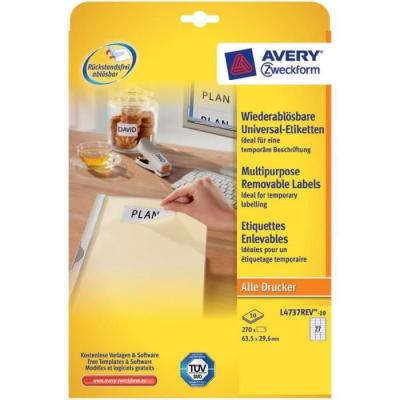 AVERY ZWECKFORM L4737 - Auto-adh&eacute;sif amovible - blanc - 63.5 x 29.6 mm 270 &eacute;tiquette(s) (10 feuille(s) x 27 &eacute;tiquettes