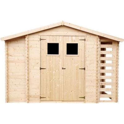 TIMBELA  M389+M389G Abri de jardin en bois et range b&ucirc;ches AVEC SOL TRAIT&Eacute; I206xL328xH218 cm/ 5,41 m2