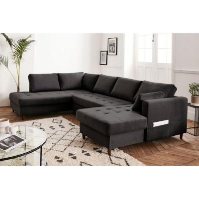 LISA DESIGN Canap&eacute; panoramique Angle gauche 7 places Velours Gris fonc&eacute;