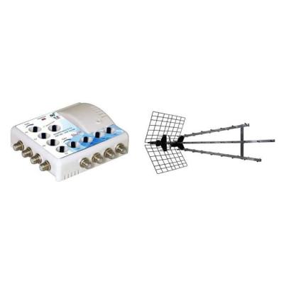 ME Antenne d'ext&eacute;rieur Trinappe amplifi&eacute;e 57 dB UHF 4K HD tronic 415049 + Amplificateur TV TNT Int&eacute;rieur 8 S Filtre 4G Blanc 372018