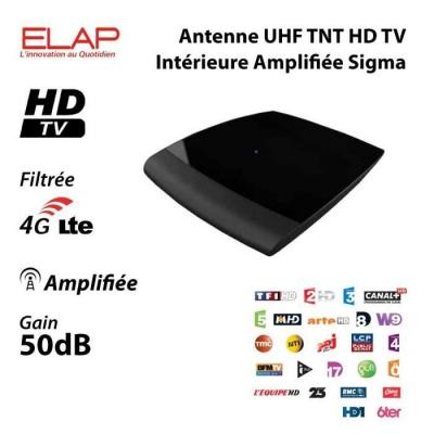 TONNA Antenne UHF TNT HD - Elap - Sigma - Amplifi&eacute;e 50 dB - Design Discret - Cordon TV Inclus