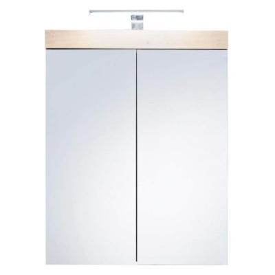 Armoire de toilette murale m&eacute;lamin&eacute; avec luminaire led - 2 portes miroir - coloris blanc - bandeau ch&ecirc;ne l - h - p : 60 - 77 - 17 cm 