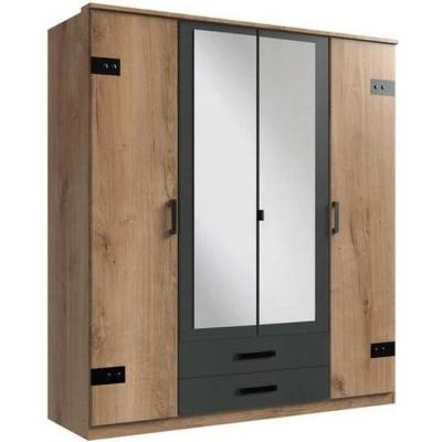 Armoire GALWAY style industriel 180 cm 4 portes 2 tiroirs ch&ecirc;ne poutre