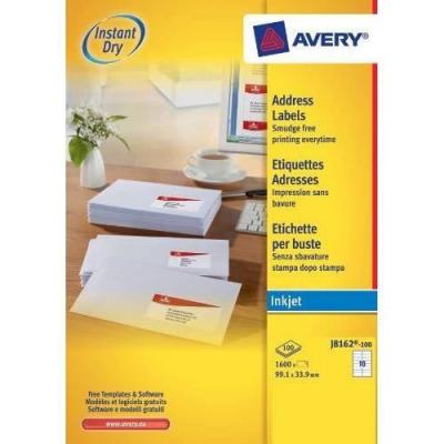 AVERY  - J8162-100 - 1600 &Eacute;tiquettes jet d'encre - 99,1 x 33,9 mm - Blanc
