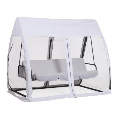 OUTSUNNY Balancelle de jardin convertible 3 places grand confort : matelas assise dossier, moustiquaire int&eacute;grale zipp&eacute;e avec toit, pochette rangement m&eacute;tal &eacute;poxy polyester blanc 