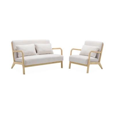 SWEEEK Banquette 2 places + Fauteuil en bois et tissu bouclette