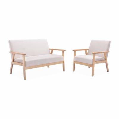 SWEEEK Banquette et fauteuil scandinave bois et tissu cr&egrave;me 