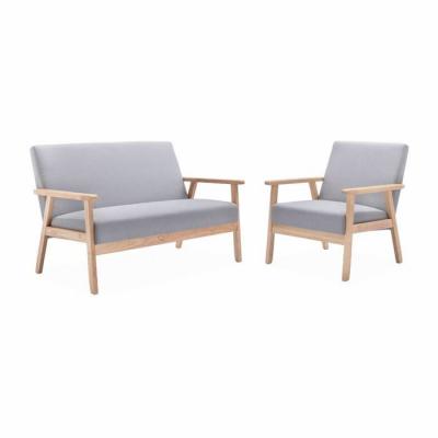 SWEEEK Banquette et fauteuil scandinave bois et tissu gris clair 