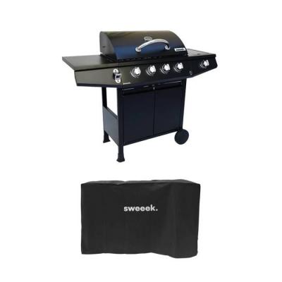 SWEEEK Barbecue gaz 4 br&ucirc;leurs + 1 feu lat&eacute;ral acier noir avec housse