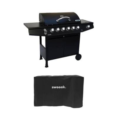 SWEEEK Barbecue gaz 6 br&ucirc;leurs + 1 feu lat&eacute;ral acier noir avec housse