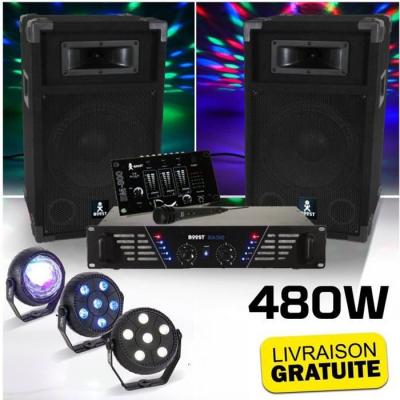 BOOST DJ-300 Pack sonorisation avec Enceintes Table de mixage Amplificateur 480W + Pack de 3 jeux lumi&egrave;re &agrave; led PARTY-TRIFX