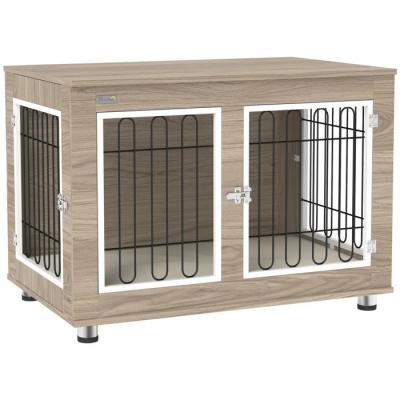 PAWHUT Cage pour chien sur pied - 2 portes verrouillables, coussin d&eacute;houssable inclus - acier filaire noir panneaux aspect bois brun 