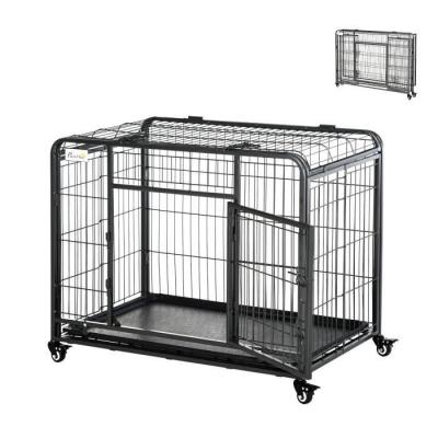 PAWHUT Cage pour chien pliable cage de transport sur roulettes 2 portes verrouillables plateau amovible dim. 94L x 58l x 69H cm m&eacute;tal gris noir 