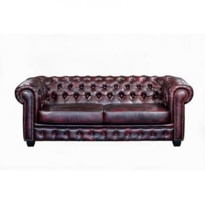 VENTE UNIQUE Canap&eacute; chesterfield 3 places BRENTON 100% cuir de buffle - Bordeaux