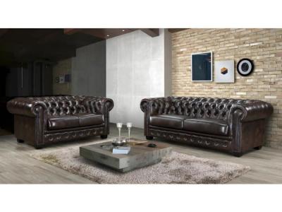 VENTE UNIQUE Canap&eacute; chesterfield 3+2 places BRENTON 100% cuir de buffle - Marron reflets ch&acirc;tains