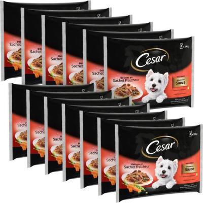 CESAR  sachets fra&icirc;cheur en sauce - 2 vari&eacute;t&eacute;s - pour chien adulte - 4 x 100 g (x13) 