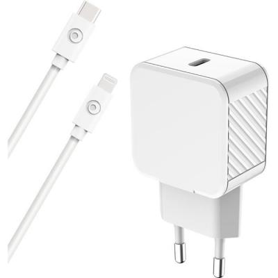 BIGBEN CONNECTED Chargeur maison 20W Power Delivery + C&acirc;ble USB C/Lightning Blanc - 100% Plastique recycl&eacute; Bigben