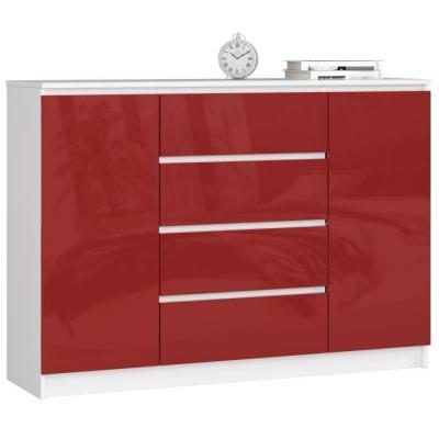 Commode akord k140 blanche 138 cm 2 portes 4 tiroirs fa&ccedil;ade rouge brillante 4 &eacute;tag&egrave;res 138x40x99 cm