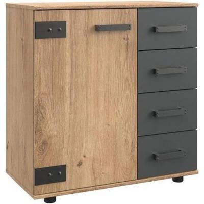 Commode buffet vernon style industriel 4 tiroirs graphite 1 porte ch&ecirc;ne poutre