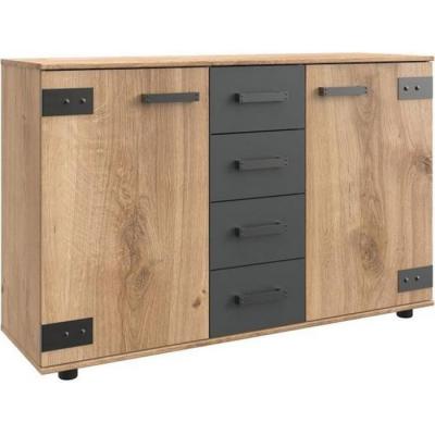 Commode buffet vernon style industriel ch&ecirc;ne poutre tiroirs graphite